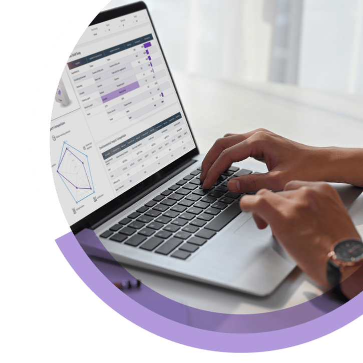 Close-up of hands typing on a laptop with an LCA dashboard on screen, framed by a purple circular graphic element.