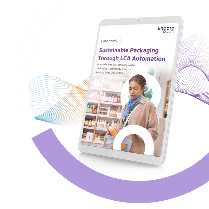 Tablet display showing a case study titled “Sustainable Packaging Through LCA Automation” with a shopper holding packaged goods in a retail aisle, surrounded by abstract data wave graphics.
