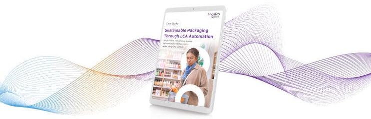 Centered tablet mockup highlighting sustainable packaging analytics through LCA automation, with flowing multicolor wave lines representing data and lifecycle insights.