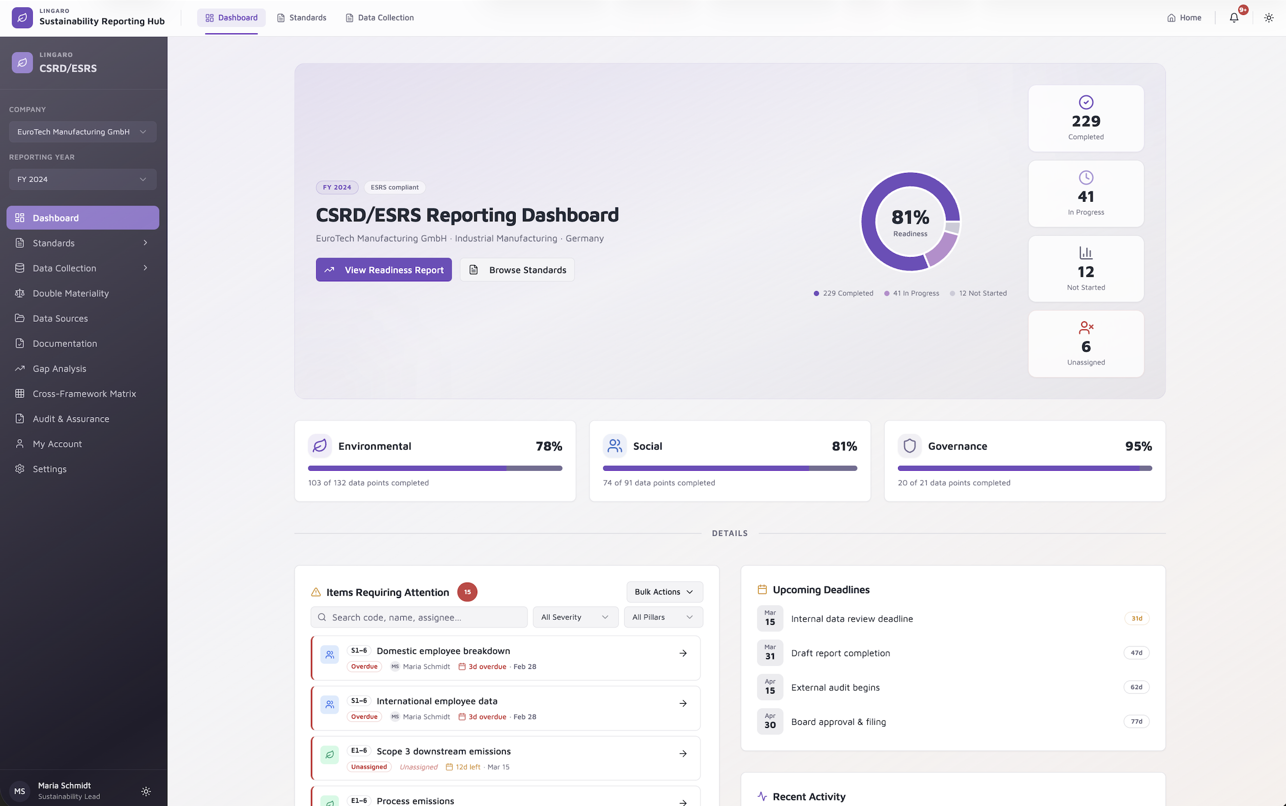 CSRD and ESRS sustainability reporting dashboard with readiness score, ESG progress bars for environmental, social, and governance metrics, task list, and reporting status indicators for compliance tracking.