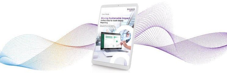 Tablet displaying a sustainability reporting dashboard with ESG metrics such as emissions, workforce data, and governance indicators, surrounded by abstract data wave graphics, representing integrated, audit-ready reporting and automated environmental analysis across frameworks like CSRD, CDP, SASB, and GRI.
