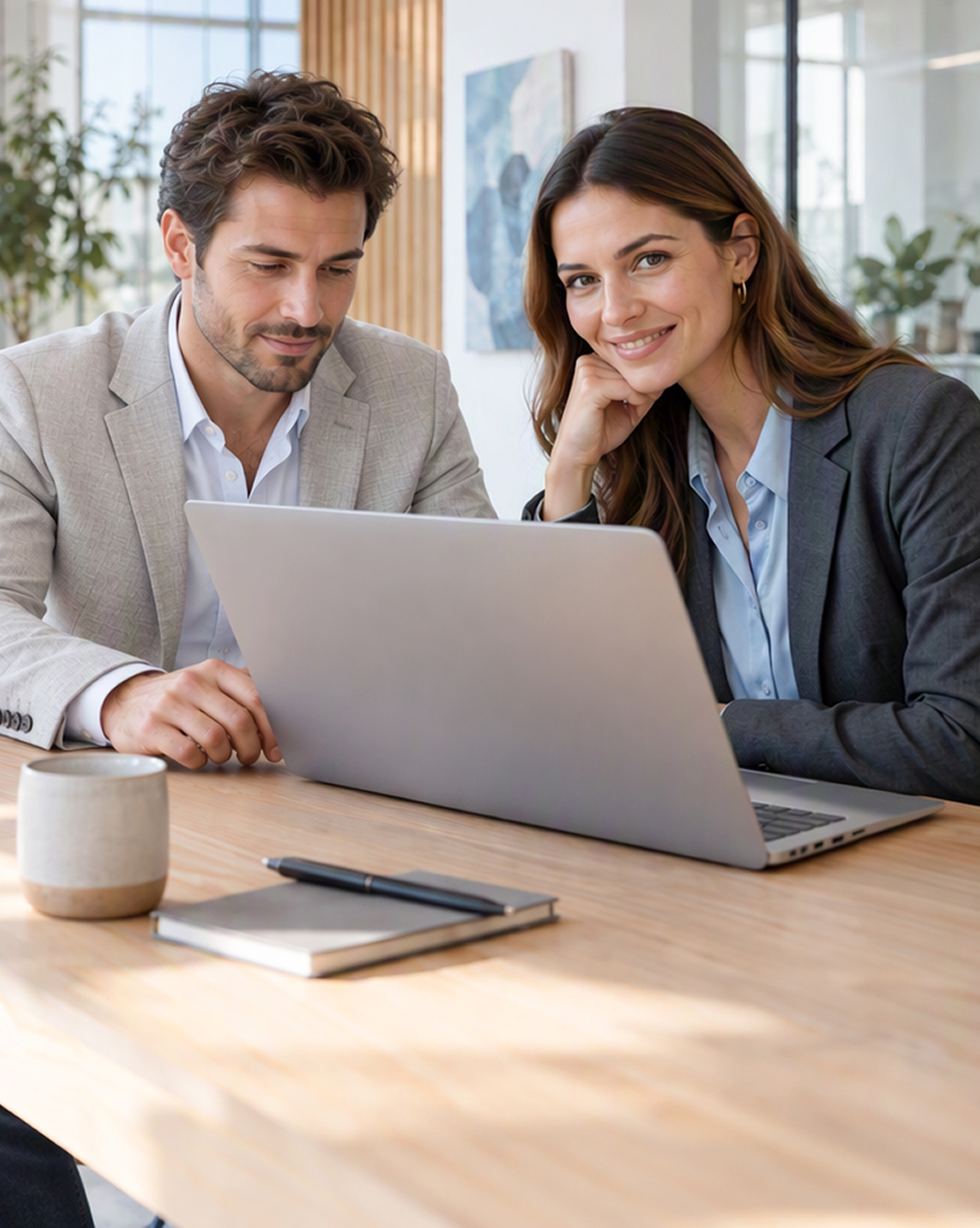 Two employees looking at a laptop screen.