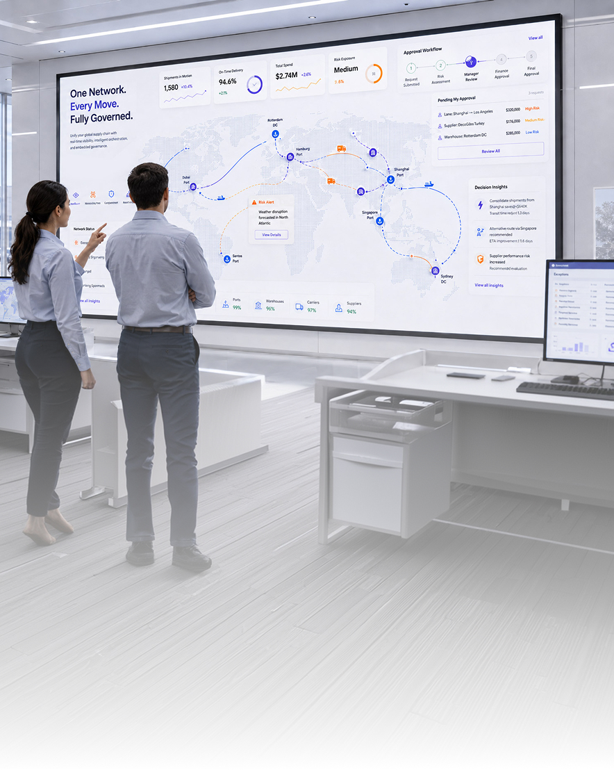 Supply chain professionals monitoring a logistics control tower with shipment visibility, transport analytics, risk alerts, and workflow management.