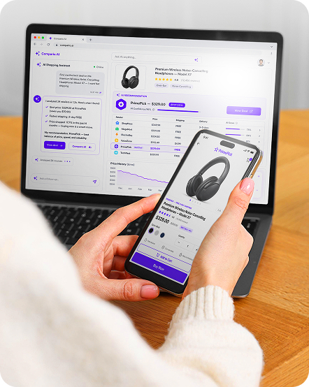 A person holds a smartphone displaying an online product page for premium wireless headphones while sitting at a desk with an open laptop showing a similar shopping interface. The screens show product images, pricing, reviews, and purchase options, illustrating a seamless shopping experience across desktop and mobile devices.