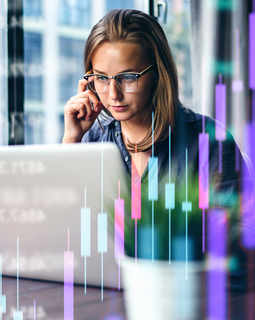 Person working on a laptop with data visualizations overlaid, representing AI-driven analytics discussed in a podcast
