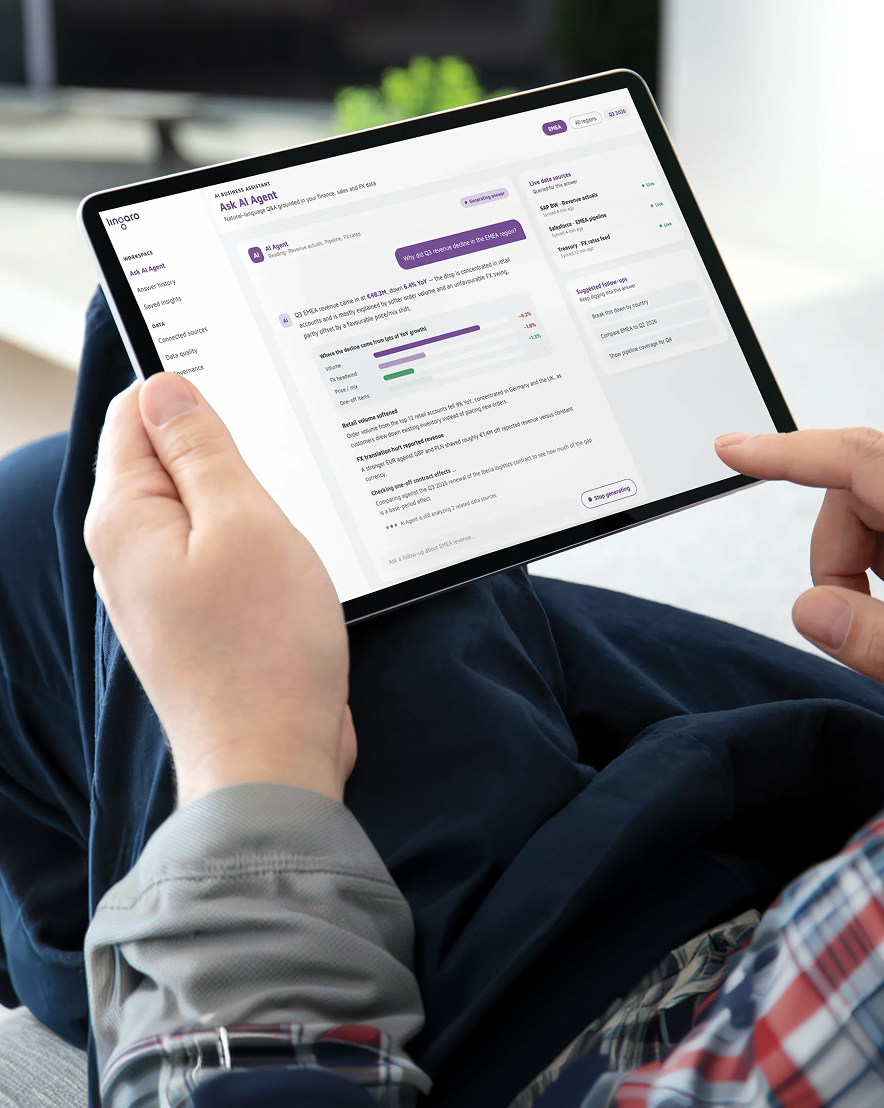 Person holding a tablet displaying an AI assistant dashboard with data insights, charts, recommendations, and business analytics in a modern workspace.