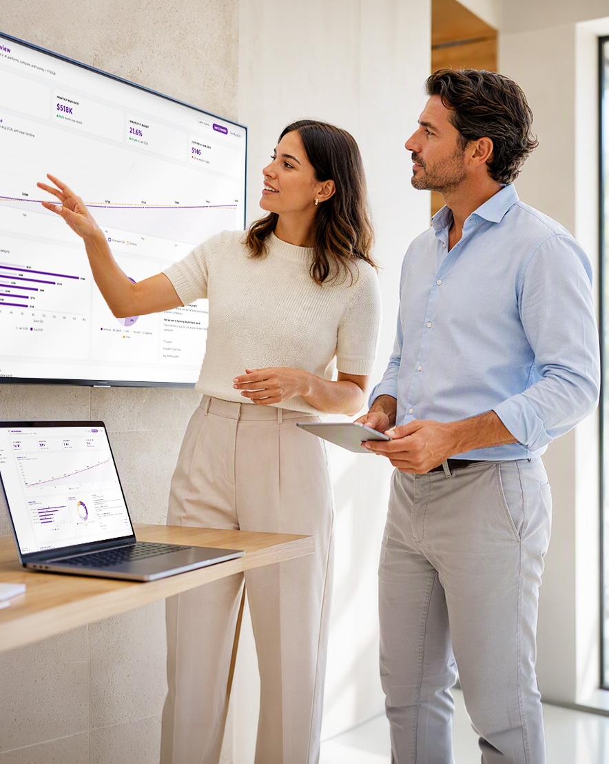 Two employees looking at a financial dashboard on a big screem.