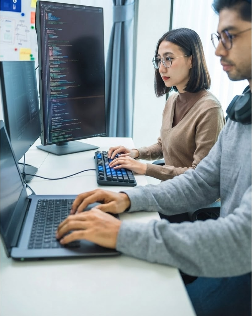 Developers working on data migration and integration code in a collaborative workspace.